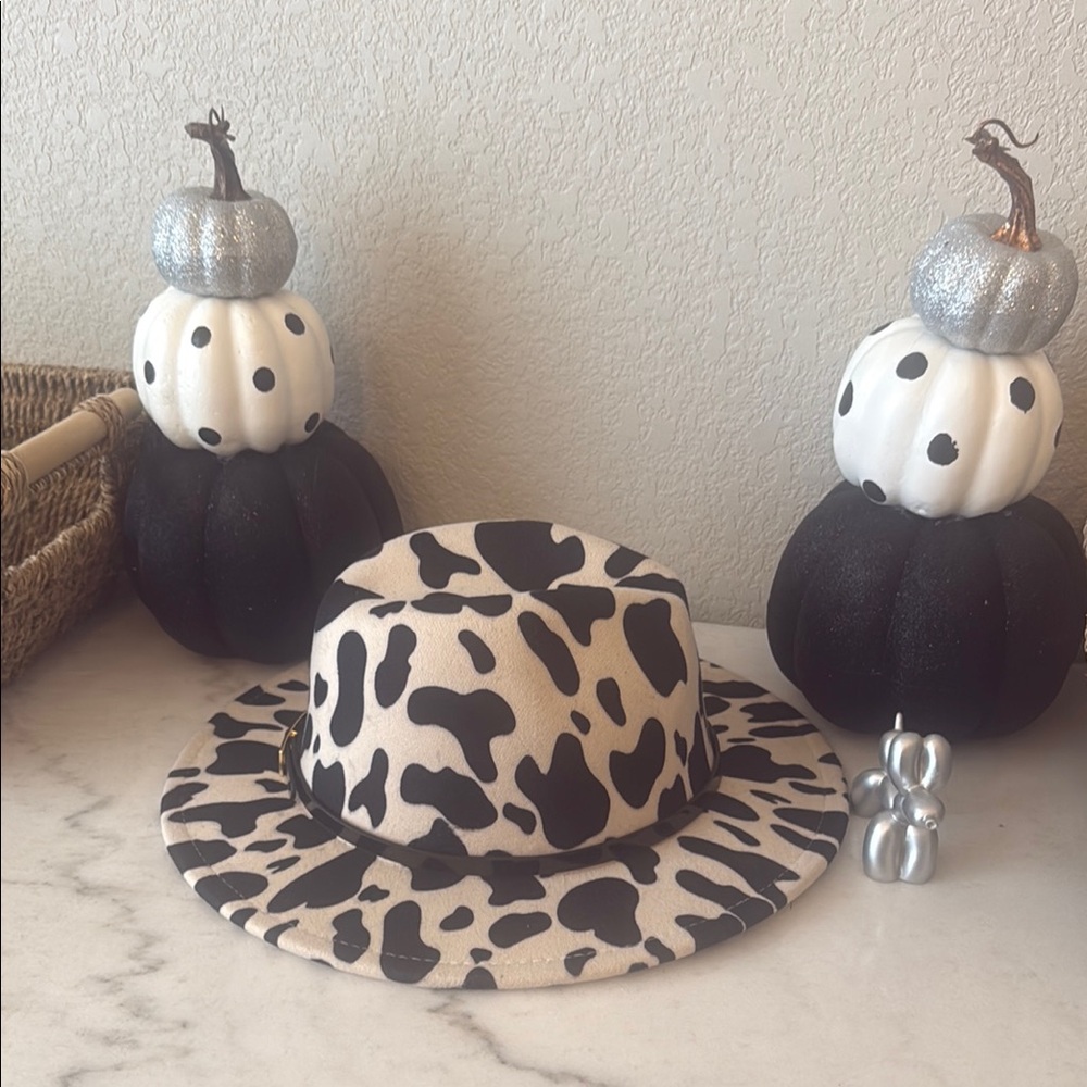 Cow Printed Wide Brim Fedora Hat